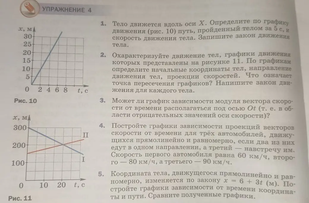 Ты просишь определить путь и скорость тела по графику, охарактеризовать движение тел, ответить на вопрос о графике модуля вектора скорости, построить графики зависимости проекций векторов скорости и построить графики зависимости от времени координаты и пути.