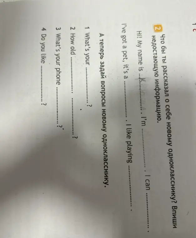 Что бы ты рассказал о себе новому однокласснику? Задай вопросы новому однокласснику.