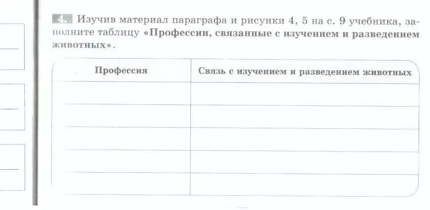 Заполни таблицу «Профессии, связанные с изучением и разведением животных».