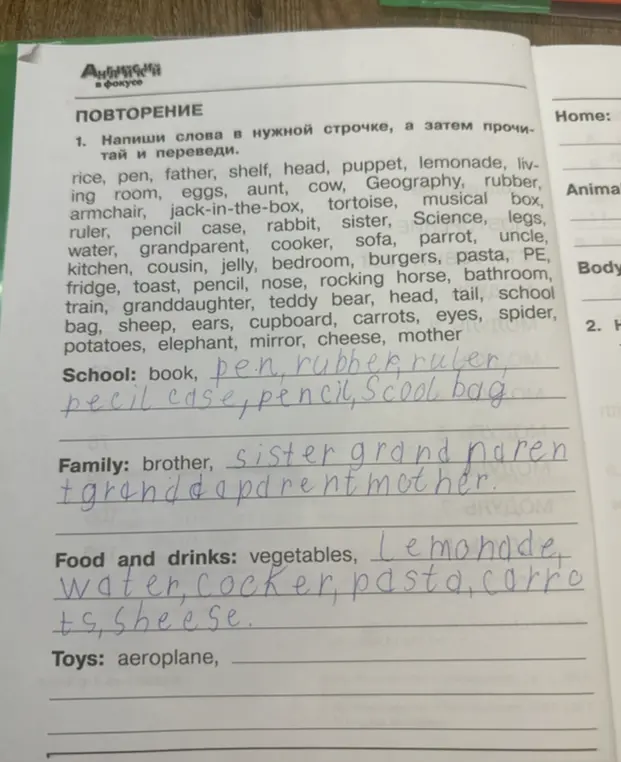 Напиши слова в нужной строчке, а затем прочитай и переведи