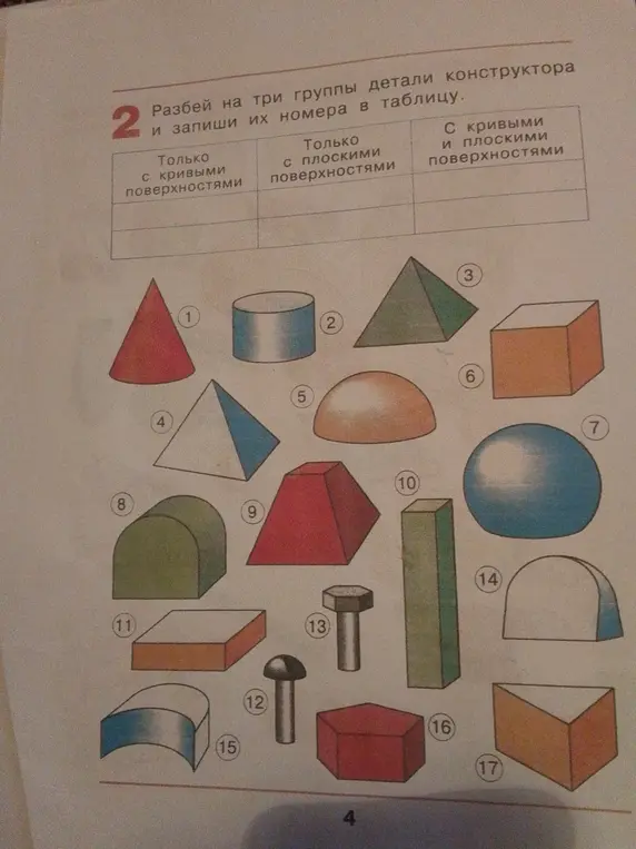 Разбей на три группы детали конструктора и запиши их номера в таблицу.