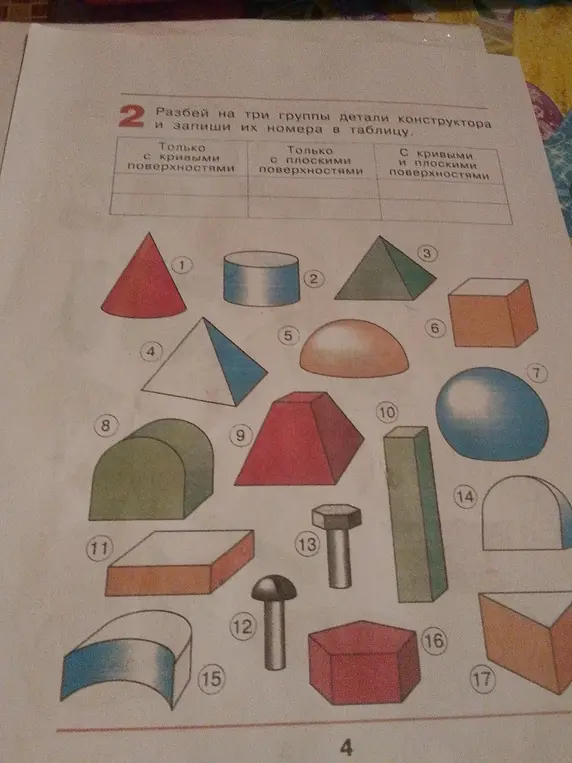 Разбей на три группы детали конструктора и запиши их номера в таблицу.