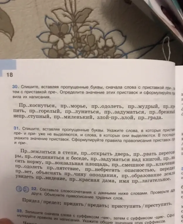 Выполни, вставляя пропущенные буквы, сначала слова с приставкой при-, затем с приставкой пре-, определи значение этих приставок и сформулируй правила их написания в упражнении 30