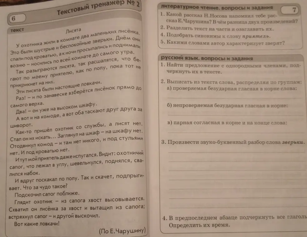 Помоги мне найти предложение с однородными членами, выписать из текста слова, распределяя по группам, произвести звуко-буквенный разбор слова зверьки и в предпоследнем абзаце подчеркнуть все глаголы и определить их время.