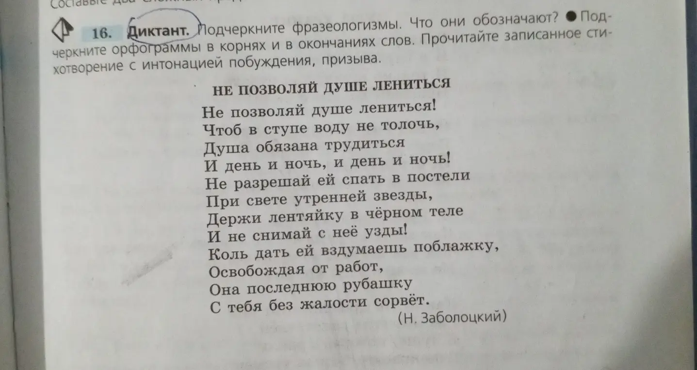 Ты просишь подчеркнуть фразеологизмы и орфограммы в стихотворении Заболоцкого и объяснить их значение.