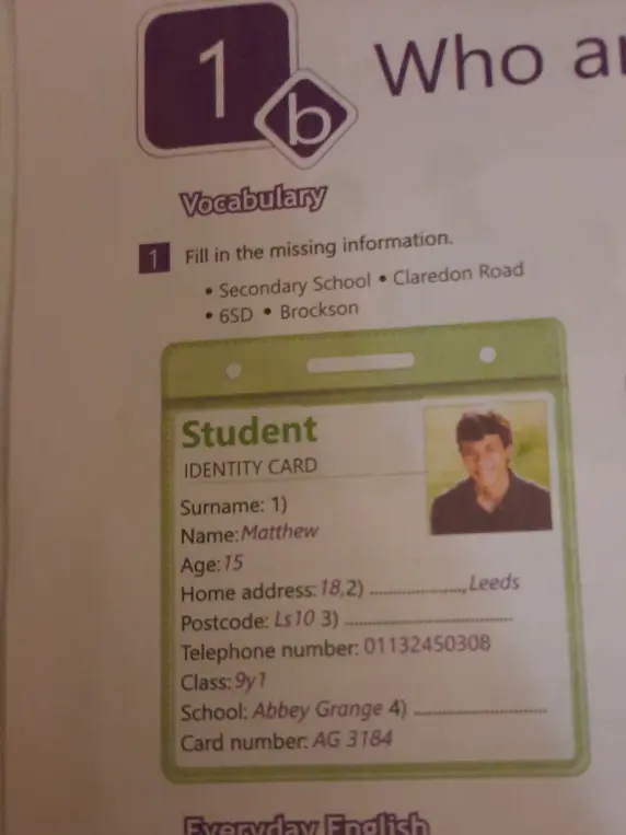 Заполни пропущенную информацию в ученическом билете: Surname, Home address, Postcode, School