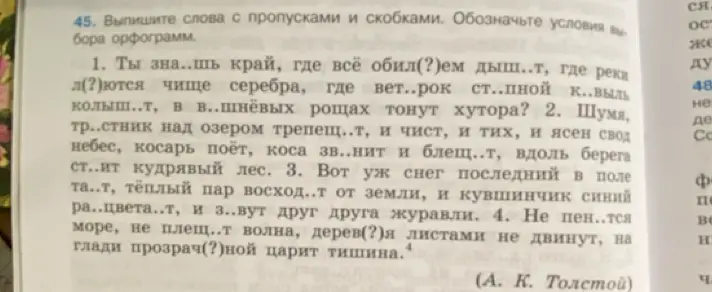 Выпиши слова с пропусками и скобками из текста и обозначь условия выбора орфограмм.