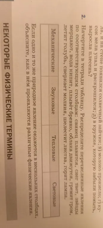 Составь таблицу, распределив явления: свинец плавится, снег тает, звёзды мерцают и другие по соответствующим столбцам