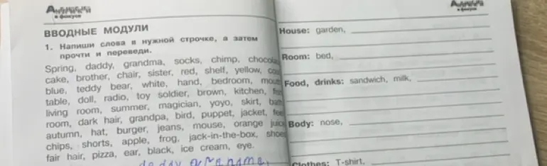 Напиши слова в нужной строчке, а затем прочти и переведи.