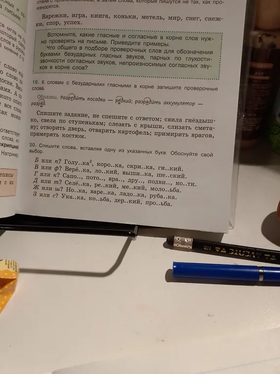 Помоги вставить правильную букву в словах в задании 20