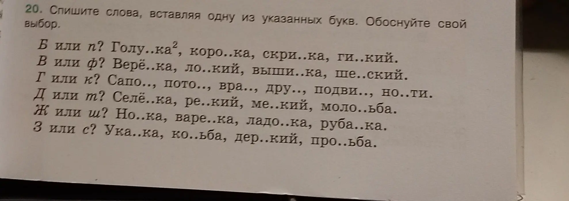 В каких словах в задании 20 нужно вставить буквы Б или П, В или Ф, Г или К, Д или Т, Ж или Ш, З или С?