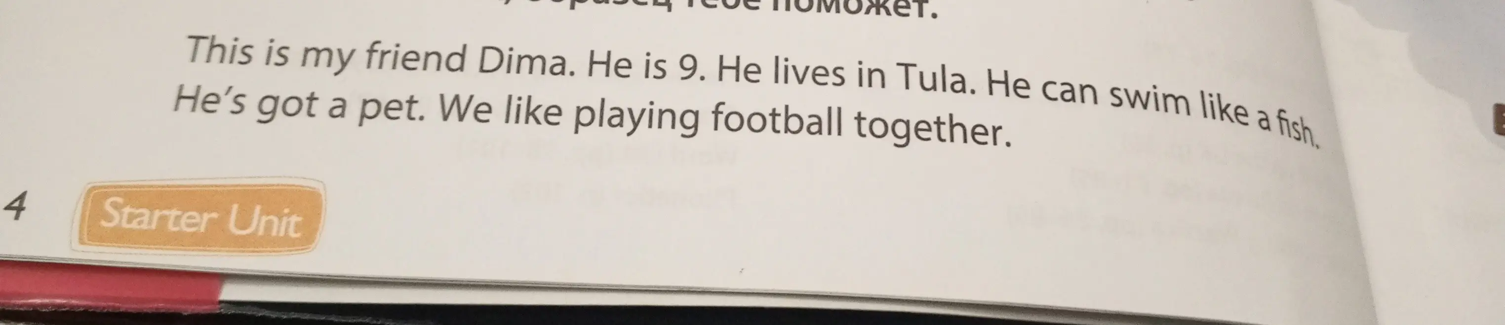 Объясни текст 'This is my friend Dima. He is 9. He lives in Tula. He can swim like a fish. He's got a pet. We like playing football together.'