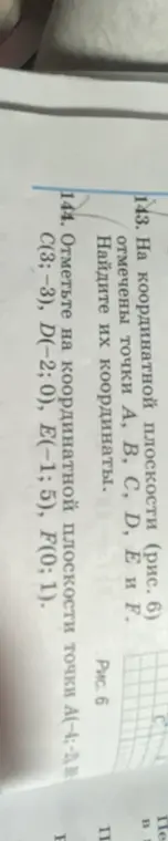 Объясни, как отметить на координатной плоскости точки А(-4;-2), C(3;-3), D(-2; 0), E(-1; 5), F(0; 1)