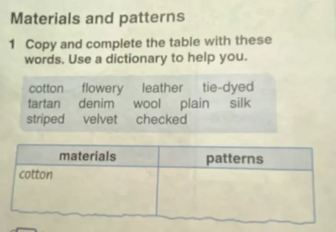 Составь и заполни таблицу со словами: cotton, flowery, leather, tie-dyed, tartan, denim, wool, plain, silk, striped, velvet, checked, разделив их на материалы и узоры.