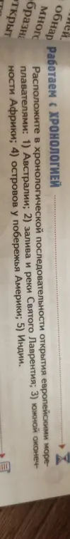Расположи открытия европейскими мореплавателями в хронологическом порядке: Австралии, залива и реки Святого Лаврентия, южной оконечности Африки, островов у побережья Америки, Индии