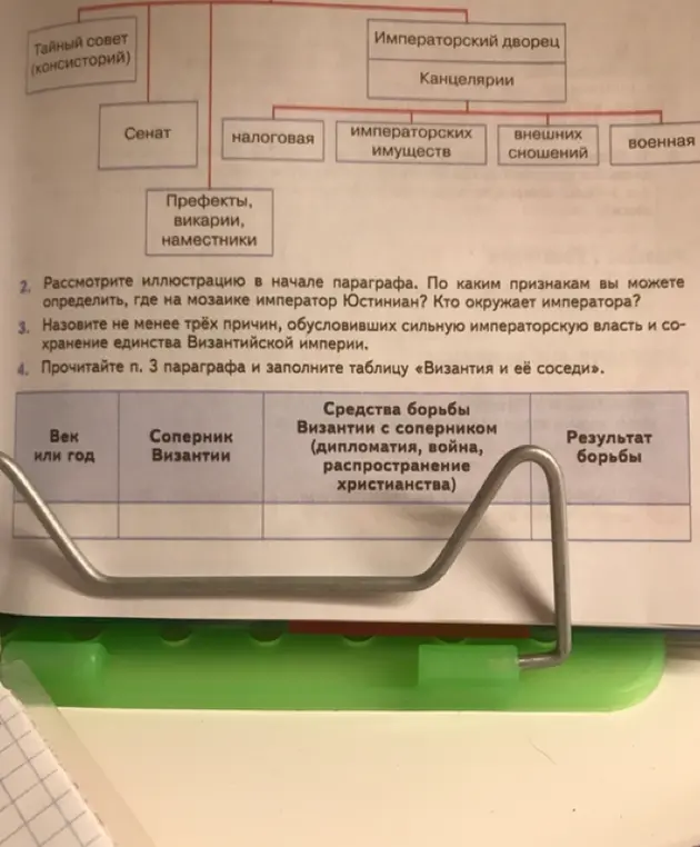 Объясни, по каким признакам можно определить, где на мозаике император Юстиниан, кто окружает императора, перечисли три причины сильной императорской власти и единства Византийской империи и заполни таблицу «Византия и её соседи».