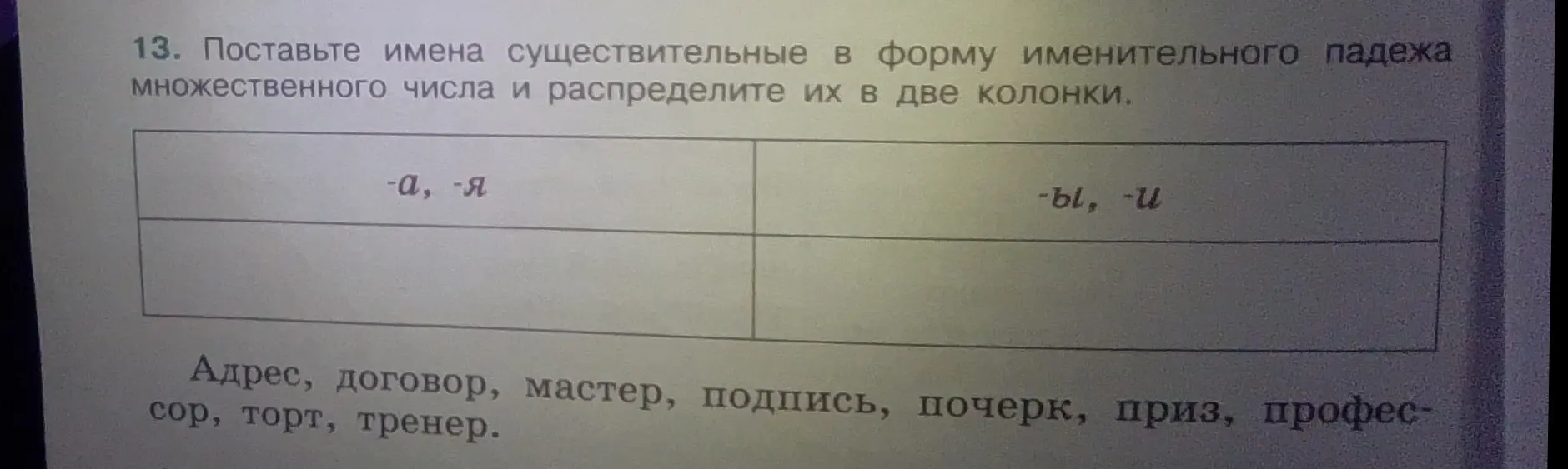 Ты просишь поставить имена существительные в форму именительного падежа множественного числа и распределить их в две колонки.