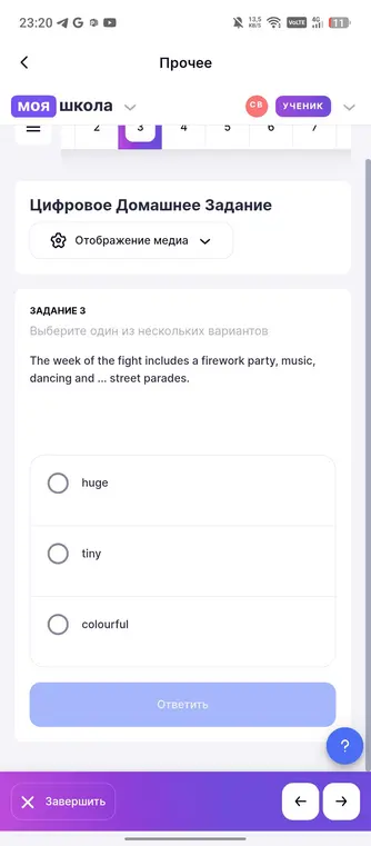 Выбери один из нескольких вариантов в задании 3: 'The week of the fight includes a firework party, music, dancing and ... street parades.'
