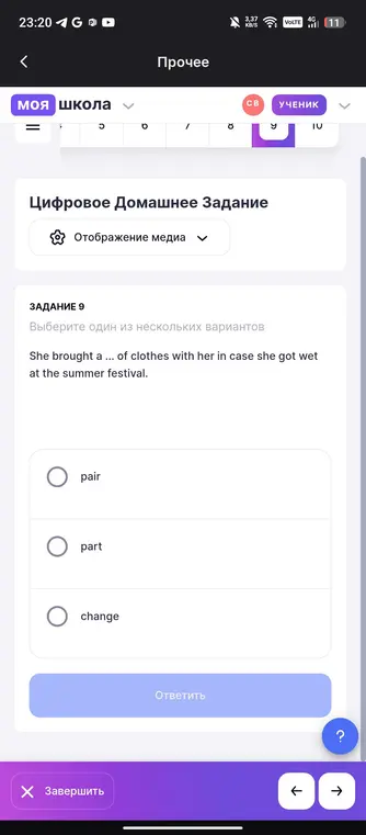 Выбери один из нескольких вариантов в задании 9: She brought a ... of clothes with her in case she got wet at the summer festival.
