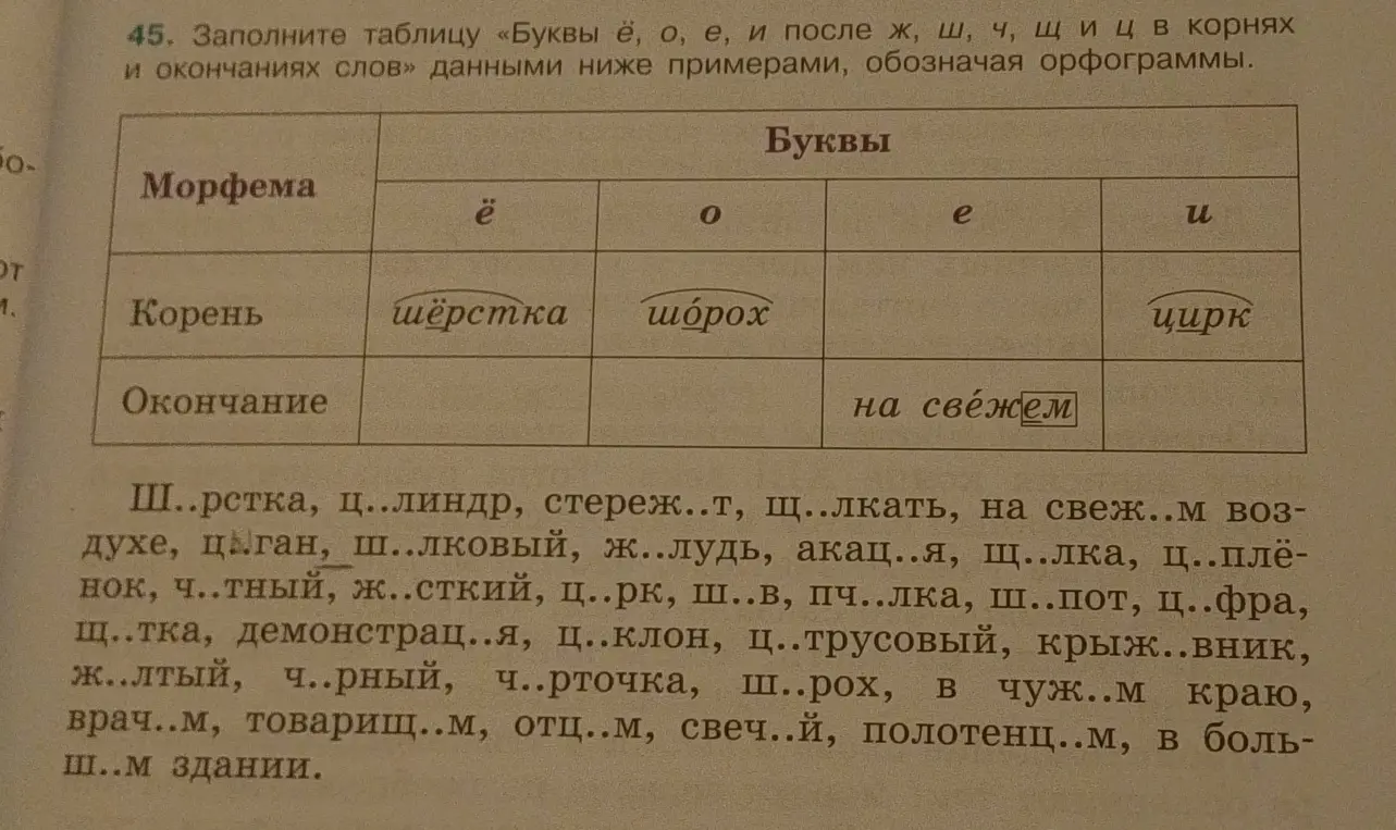 Ты просишь вставить пропущенные буквы и выделить корни и окончания в словах.