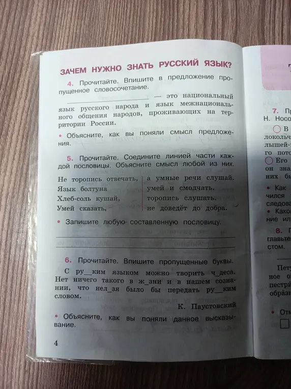 Ты просишь в упражнении 4 вписать в предложение пропущенное словосочетание, в упражнении 5 соединить линией части каждой пословицы, в упражнении 6 вставить пропущенные буквы.