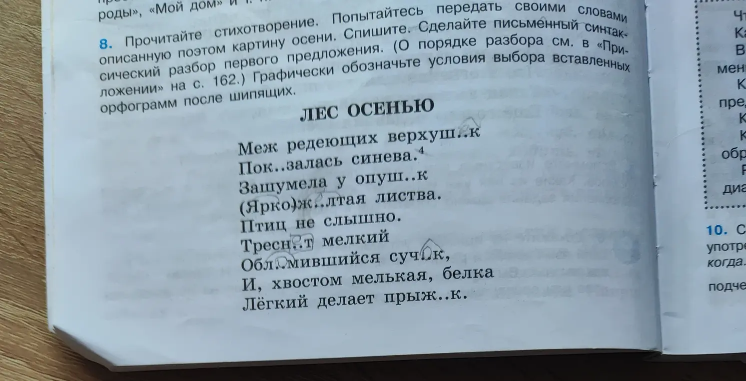 Сделай письменный синтаксический разбор первого предложения в стихотворении «Лес осенью».