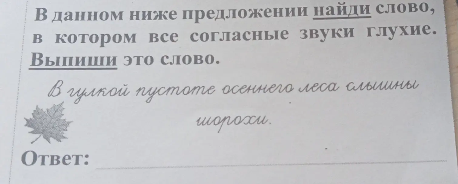 В данном предложении найди слово, в котором все согласные звуки глухие.