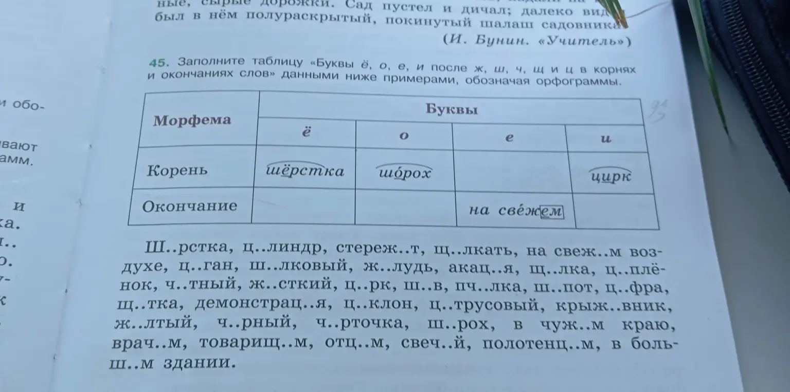 Заполни таблицу «Буквы ё, о, е, и после ж, ш, ч, щ и ц в корнях и окончаниях слов» данными ниже примерами, обозначая орфограммы, в задании под номером 45