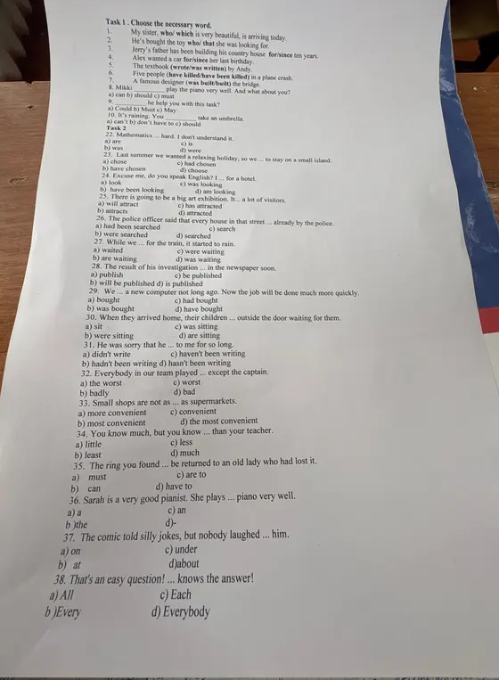 Выбери нужное слово в заданиях 1-10 и 22-38