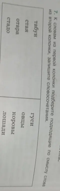 Подбери подходящие по смыслу слова из второй колонки к словам из первой колонки и запиши словосочетания