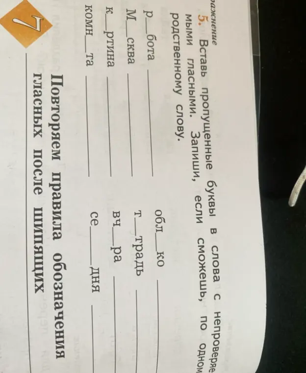 Вставь пропущенные буквы в слова: р_бота