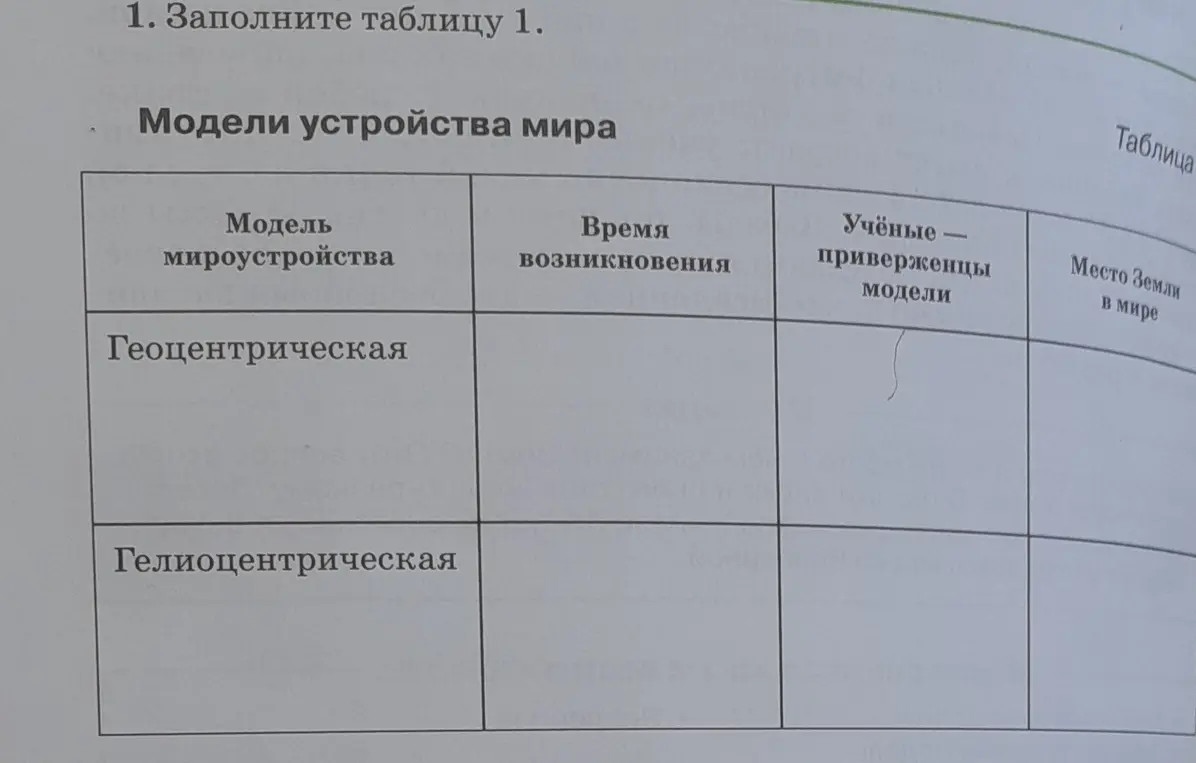 Можешь ли ты помочь заполнить таблицу про модели устройства мира?