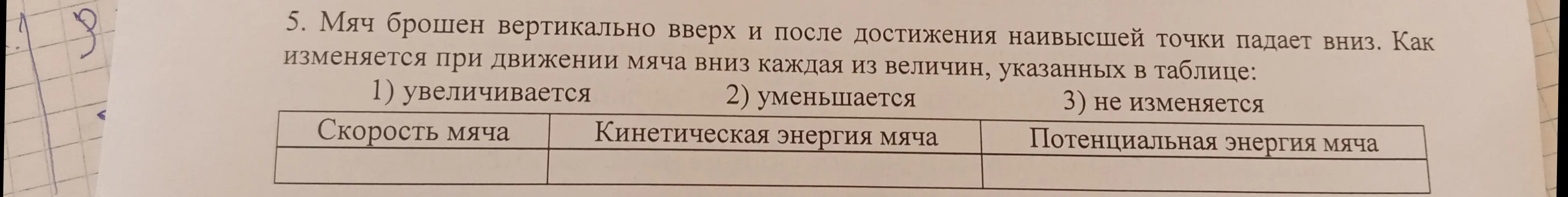 Как изменяется при движении мяча вниз каждая из величин, указанных в таблице: скорость мяча?