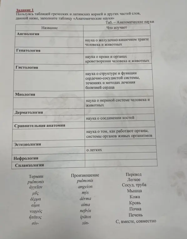 Составь таблицу "Анатомические науки", используя греческие и латинские корни и другие части слов