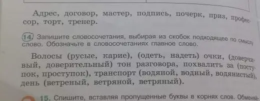 Помоги записать словосочетания, выбирая из скобок подходящее по смыслу слово и обозначить в словосочетаниях главное слово