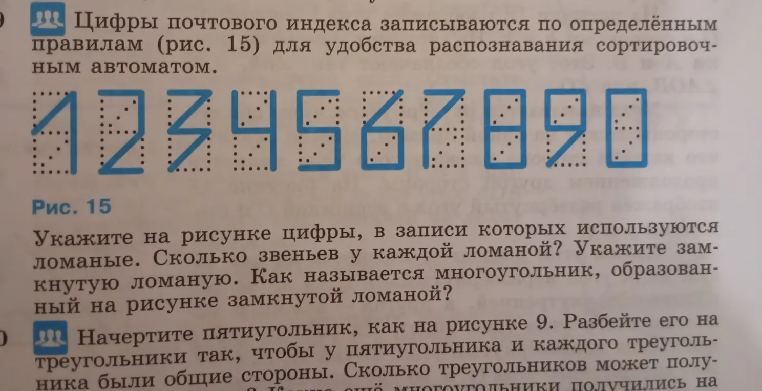 Укажи на рисунке цифры, в записи которых используются ломаные.
