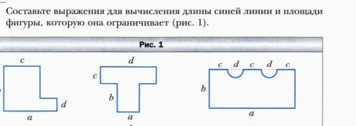 Составь выражения для вычисления длины синей линии и площади фигуры, которую она ограничивает (рис. 1).
