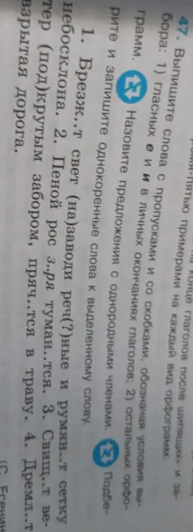 Выполни задание: выпиши слова с пропусками и со скобками, обозначая условия выбора гласных е и и в личных окончаниях глаголов и других орфограммах; назови предложения с однородными членами; выпиши и запиши однокоренные слова к выделенному слову.