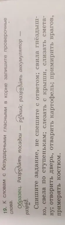 Подбери проверочные слова к словам с безударными гласными в корне: свила гнездышко, свела по ступенькам, слезать с крыши, слизать сметану, отворить дверь, отварить картофель, примирить врагов, примерять костюм.