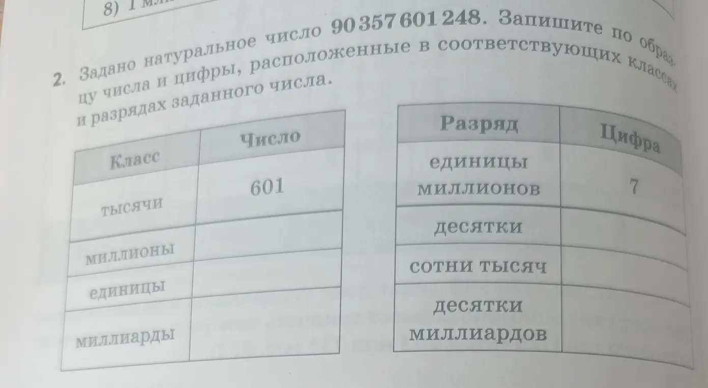 Заполни таблицу, используя заданное натуральное число 90357601248, запиши числа и цифры, расположенные в соответствующих классах и разрядах заданного числа