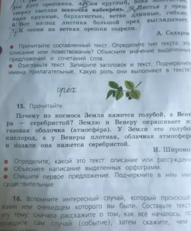 Предложи решение заданий по русскому языку: определи тип текста, озаглавь текст, подчеркни имена прилагательные, определи какой это текст, объясни написание выделенных орфограмм, спиши первое предложение и подчеркни имена существительные.