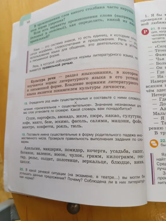 Объясни, как определить род имён существительных в задании 18 и как поставить имена существительные в форму родительного падежа множественного числа в задании 19. Ответь, в какой речевой ситуации в задании 20 можно услышать данные предложения.