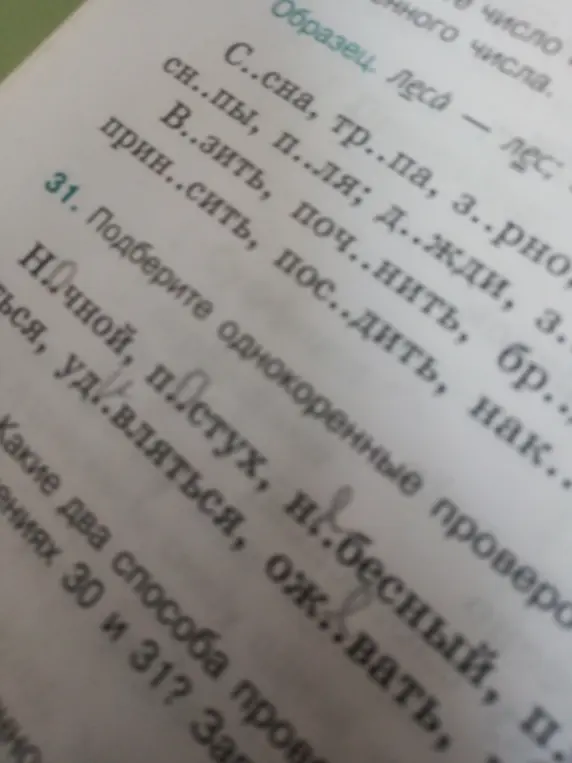 Вставь пропущенные буквы в словах: сн..пы, п..ля; д..жди, з..