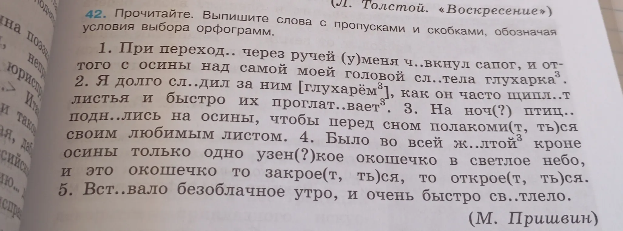 Помоги мне выписать слова с пропусками и скобками из упражнения 42, обозначая условия выбора орфограмм