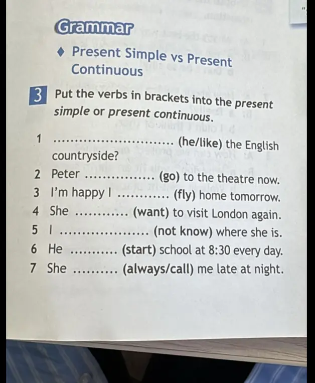 Вставь глаголы в скобках в present simple или present continuous в первом предложении