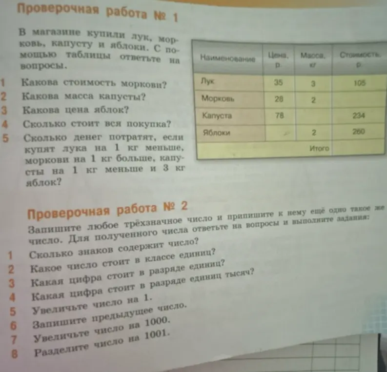 Ты просишь решить задачи из проверочных работ по математике, включая вычисление стоимости товаров, определение массы и цены, а также выполнение арифметических операций с числами.