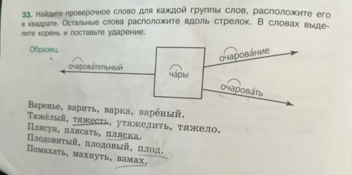Предложи проверочное слово для каждой группы слов, расположив его в квадрате.