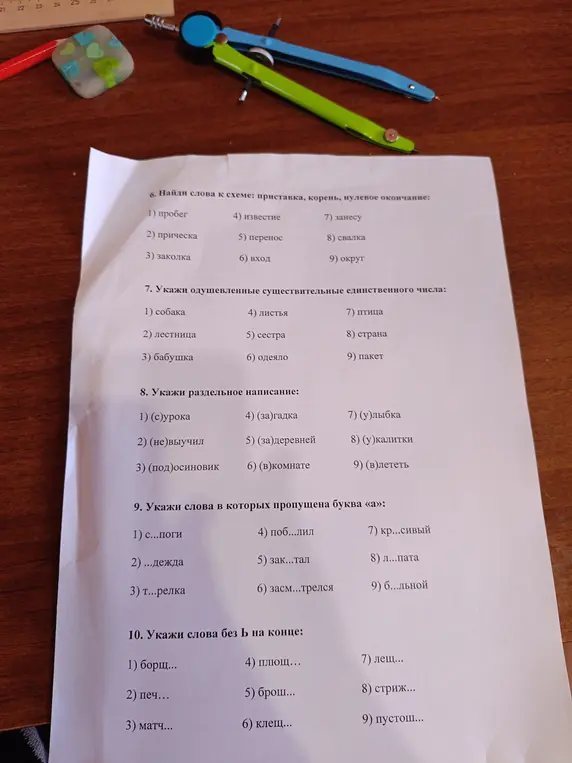 Выполни для меня задания по русскому языку на картинке: определи слова с приставкой, корнем и нулевым окончанием, одушевлённые существительные и т.д.