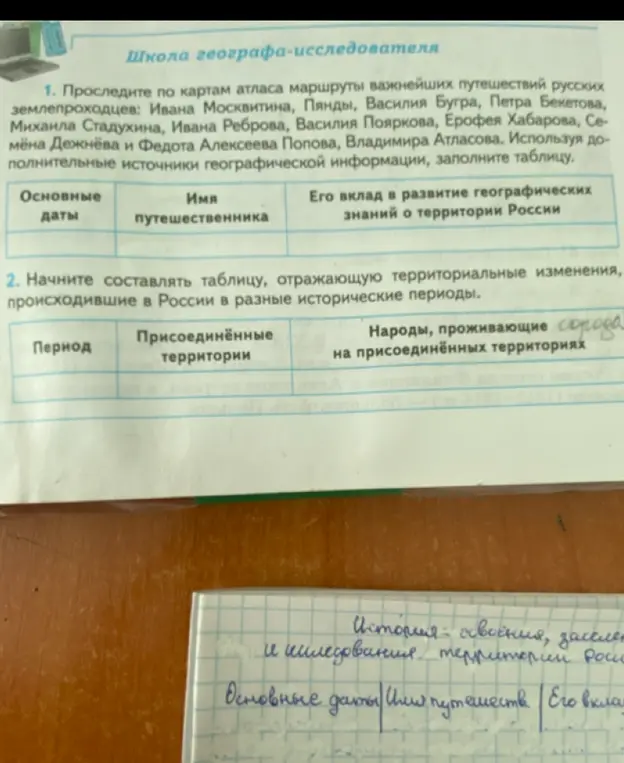 Ты просишь меня помочь тебе заполнить таблицы о путешествиях русских землепроходцев и территориальных изменениях в России.