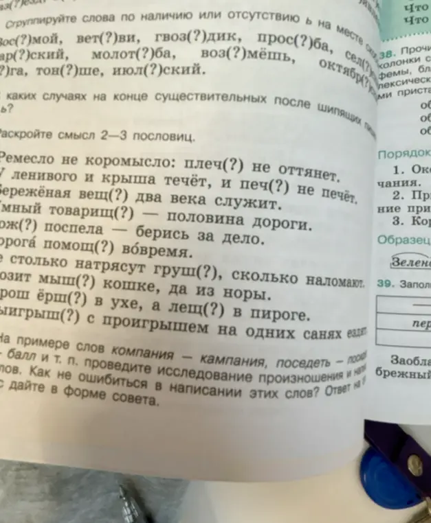 Сгруппируй слова по наличию или отсутствию ь на месте, раскрой смысл 2-3 пословиц